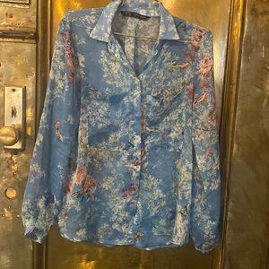 Abeautiful, light blue  sheer blouse with flowers